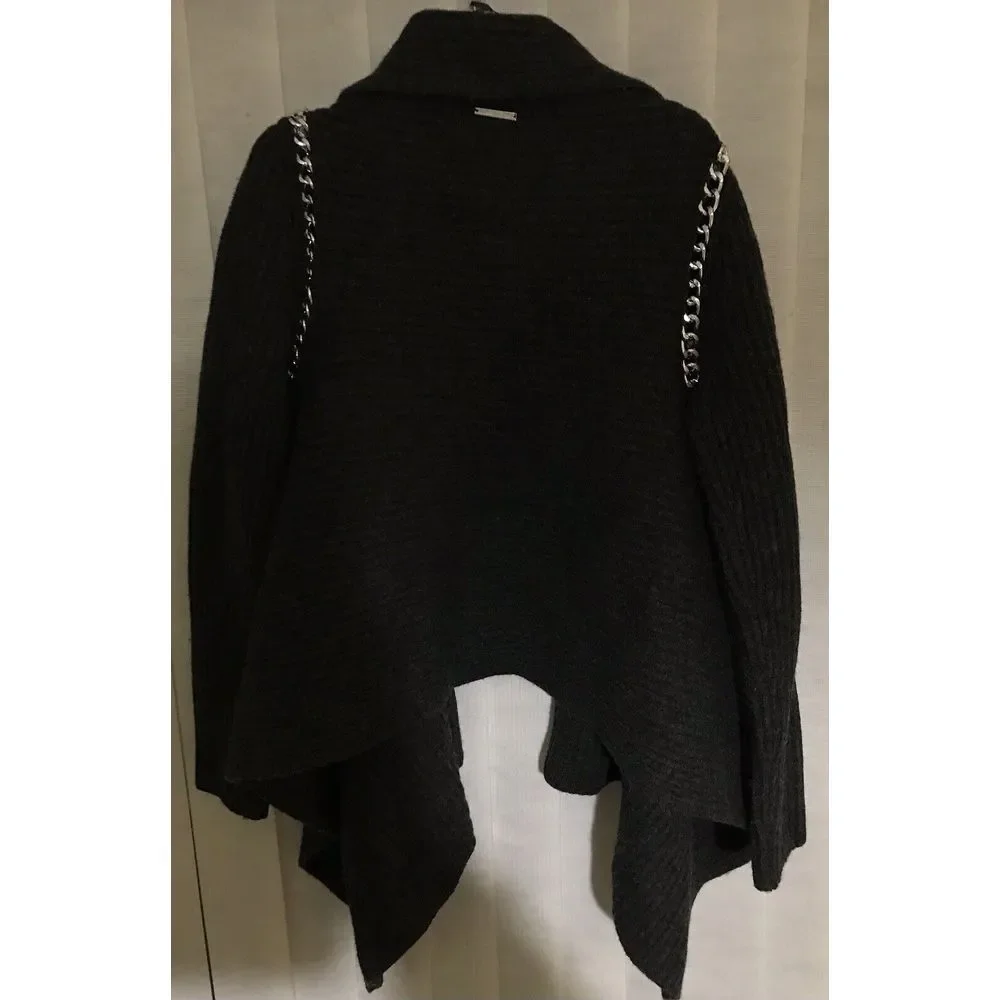 Michael Kors Gray Sweater Cardigan 100% Lamb‎ Wool Silver Chain Long Sleeve XS